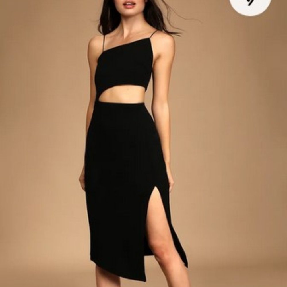 ISO Lulu's Flawless Attitude Black Asymmetrical Cutout Midi Dress